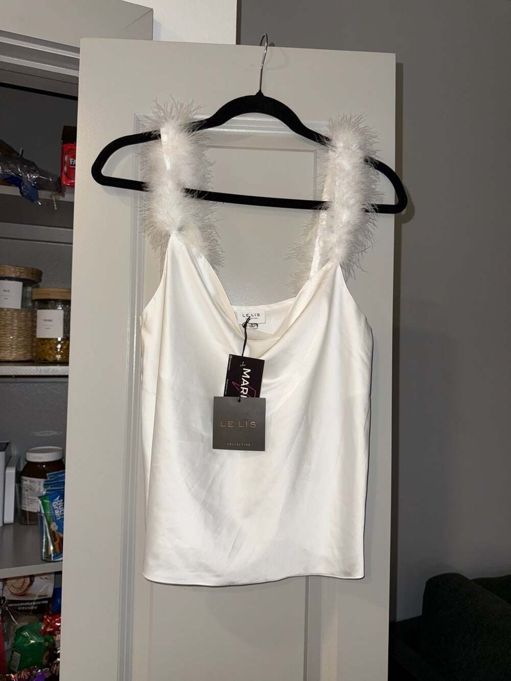Le Lis White Satin Cowl Neck Camisole with Feather Straps Size M - Picture 2 of 5